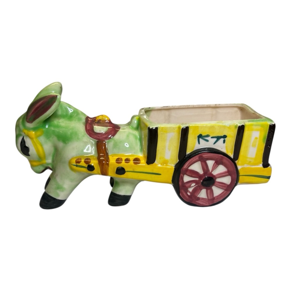 Vintage Anthropomorphic Donkey Cart Planter Flower Wheels Japan MCM Figurine